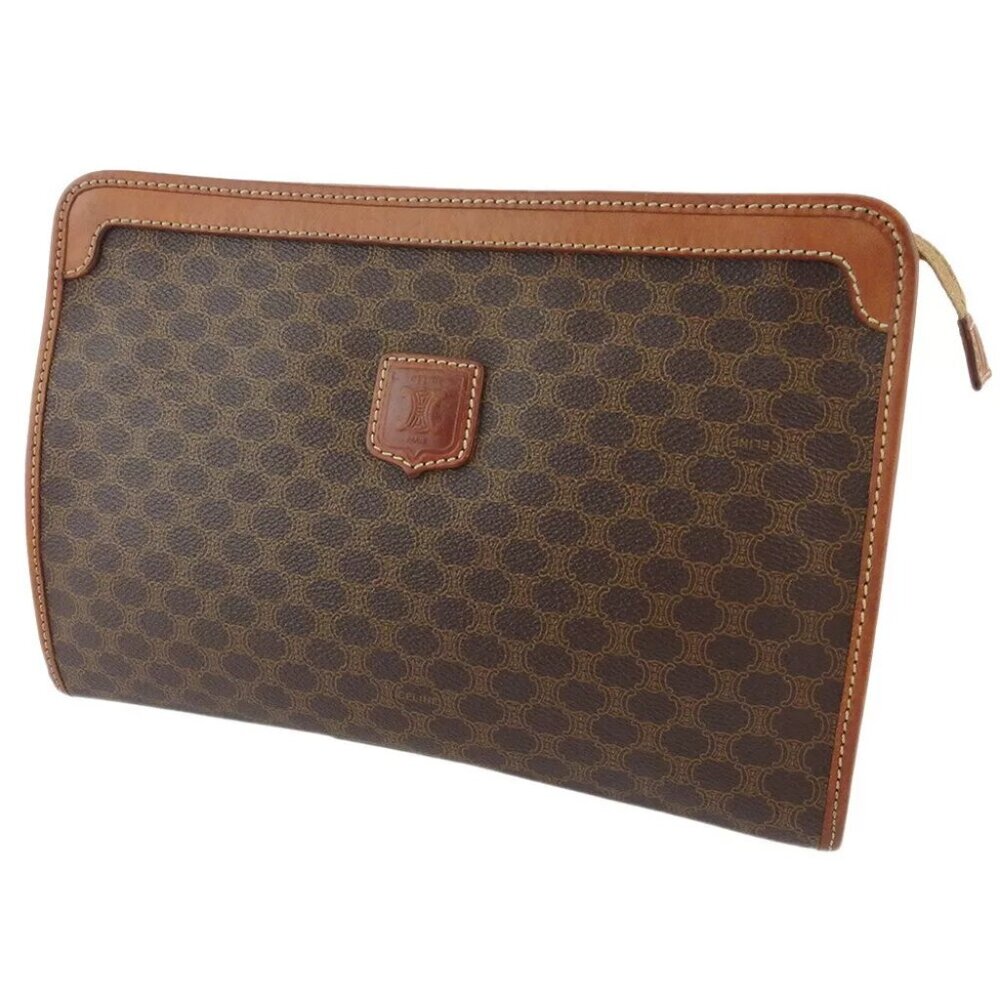 CELINE Clutch Bag Macadam Beige PVC ?~ Leather Authentic
